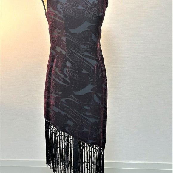 DRAMATIC SILK & VELVET SHEATH DRESS WITH HAND-KNOTTED FRINGE - Picture 4 of 4